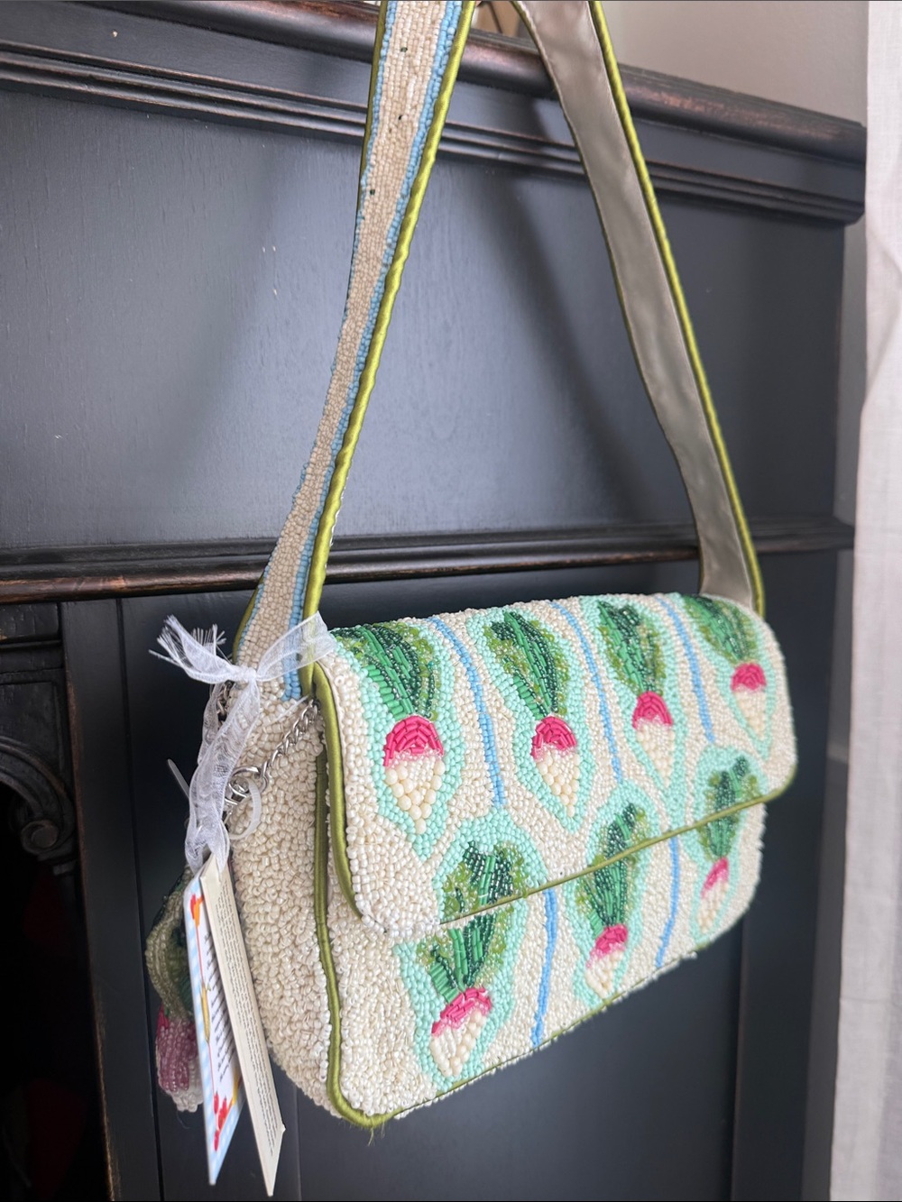 NWT Hand-Beaded Radish Pattern Shoulder Bag in Cream and Green- TikTok Viral bag